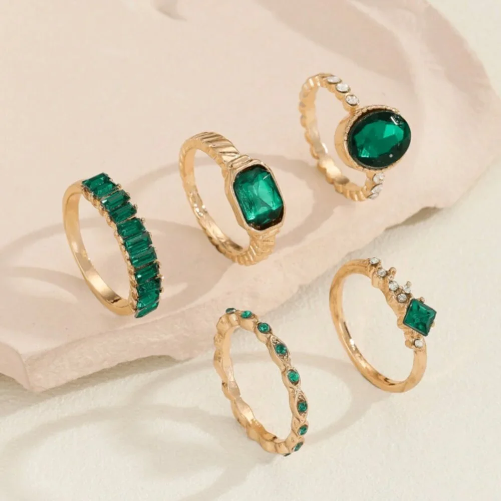 18K Gold Filled Emerald Cut Green Stone Ring Set